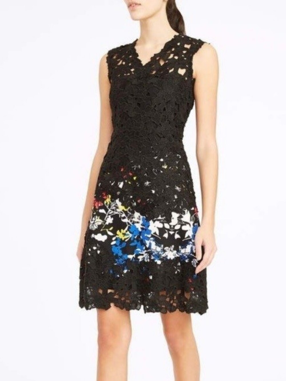 Elie Tahari Black Lace Midi Dress with Multicolor Floral Hem